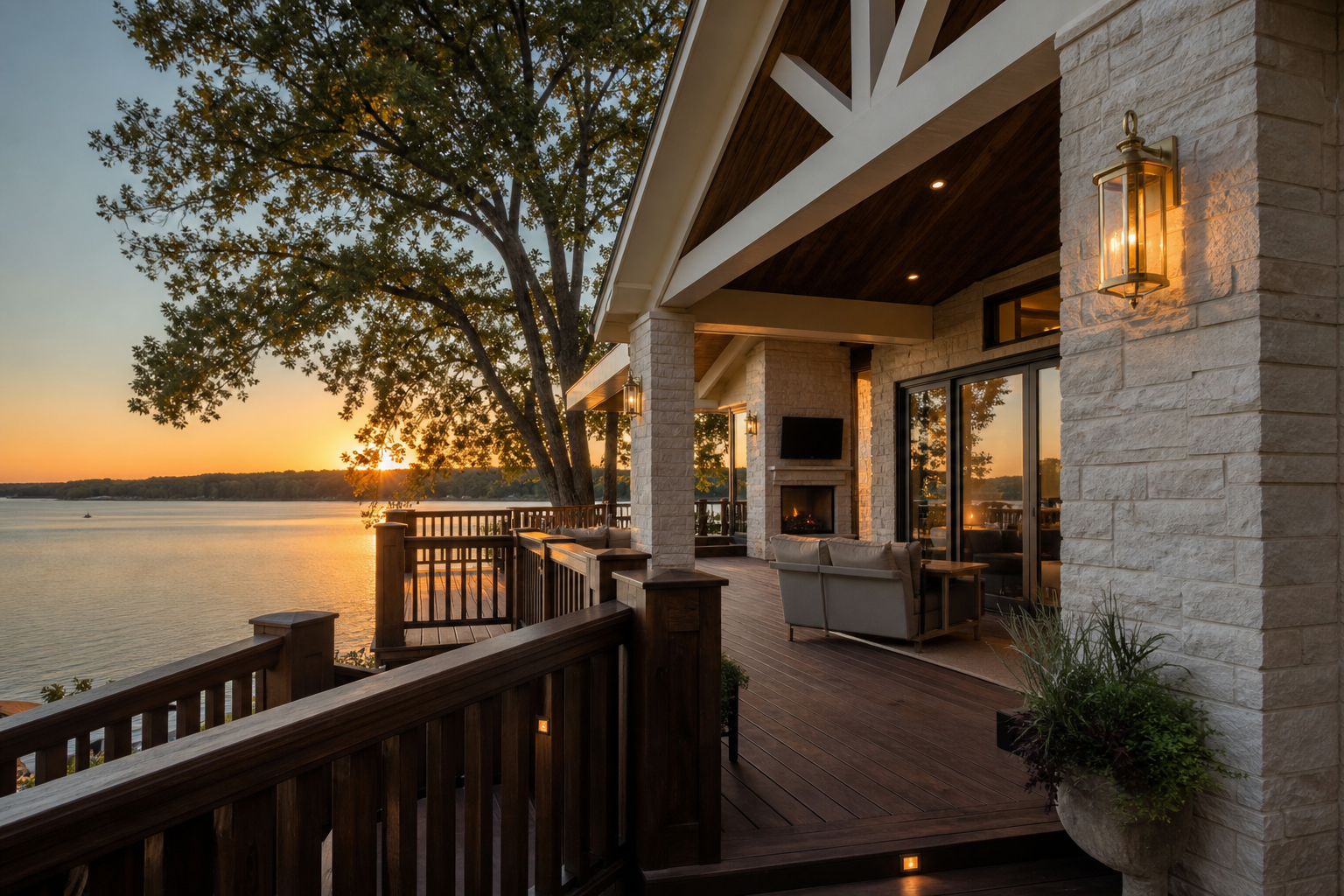 Grand Lake lake house deck remodel concept at golden hour
